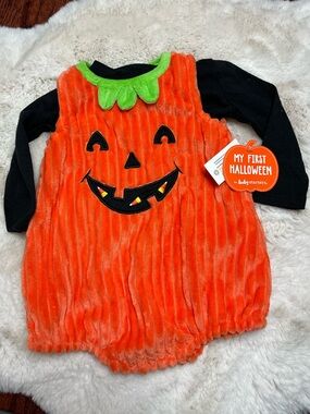Baby Starters Orange Pumpkin Plush Romper with Green Collar